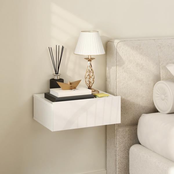 Conjunto de 2 Mesas de Cabeceira com 1 Gaveta Desenho Montado na Parede Estilo Moderno para Dormitório 40x30x15 cm Branco