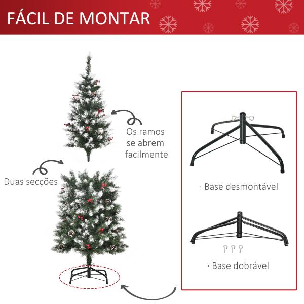 Árvore de Natal Artificial 150cm com 408 Ramos 28 Bagas 24 Pinhas Folhas de PVC e Suporte Metálico para Interiores Verde