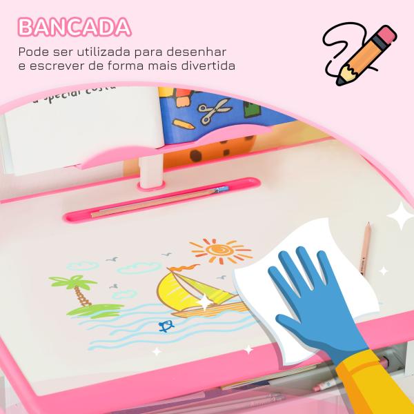 Conjunto de Secretária e Cadeira para Crianças com Altura Ajustável 1 Gaveta e 1 Prateleira para Livros 60x45x90 - 120 cm Rosa