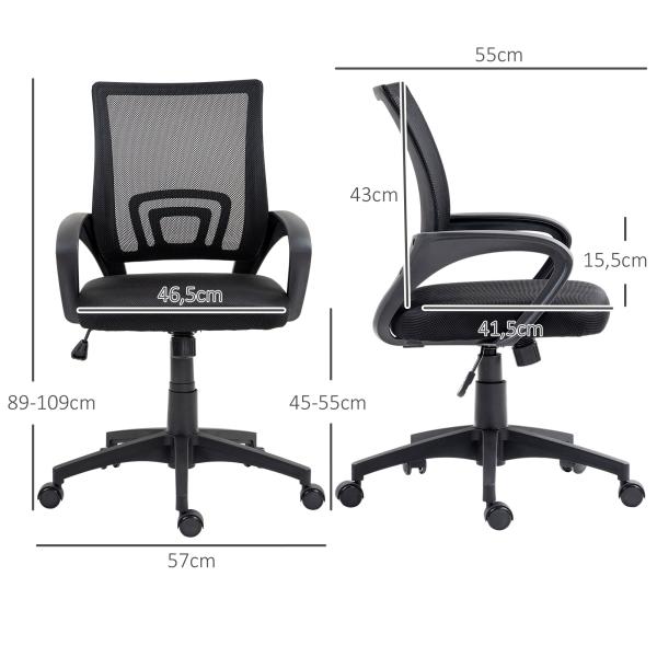 Cadeira de Escritório de Malha Giratória com Altura Ajustável Função Basculante e Apoio para os Braços 57x55x89 - 109 cm Preto