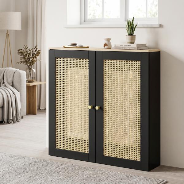 Cobertura para Radiador com 2 Portas em Rotim para Sala de Estar e Quarto 78x19x75 cm Preta