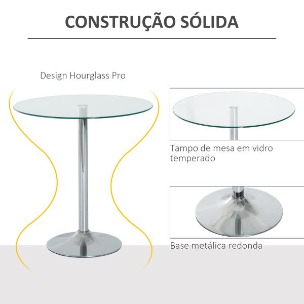 Mesa de Jantar Redonda para 2 Pessoas Mesa de Cozinha Moderna com Superfície de Vidro Temperado para Sala de Estar, Prateada