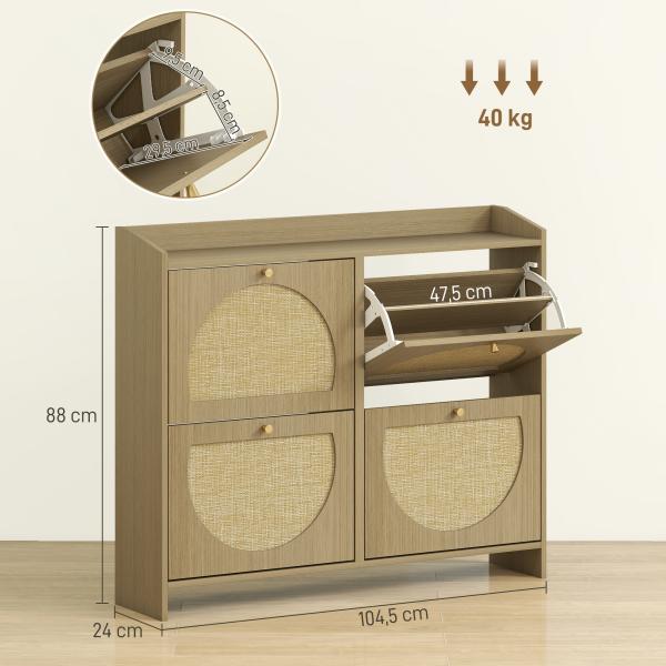 Sapateira Estreita com 4 Portas de Vime Sapateira para Entrada com Prateleiras Ajustáveis para 16 Pares de Sapatos 104,5x24x88 cm Madeira