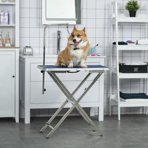 Mesa de Tosquia para Cães com Bancada Antiderrapante Alça e Braço com Altura Ajustável 72x45x74 - 81 cm Azul
