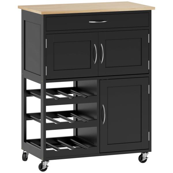Carrinho de Cozinha com Rodas 2 Armários de Arrumação Gaveta e 3 Prateleiras Abertas para 9 Garrafas 67x37x87 cm Preto