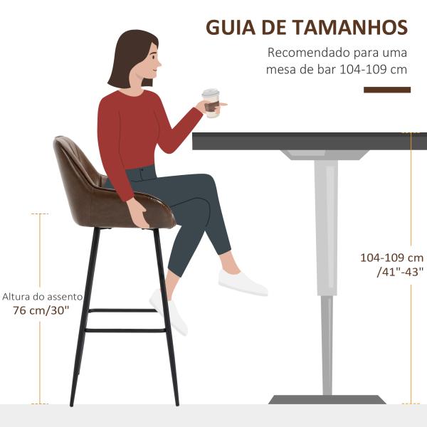 Conjunto de 2 Bancos Altos Estofados em PU com Encosto Alto Pés de Aço e Apoio para os Pés 50x47,5x102,5cm Marrom