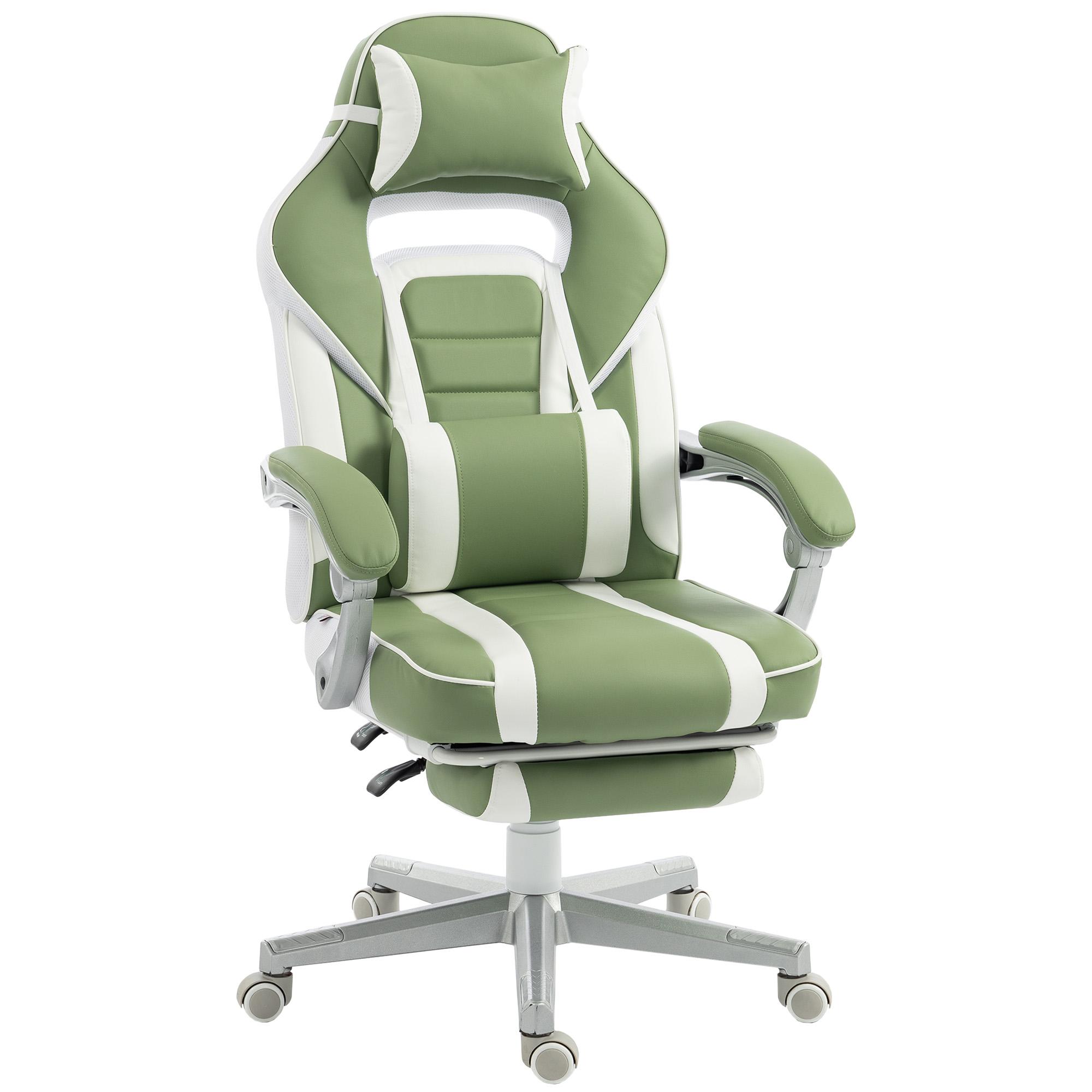 Cadeira Gamer Reclinável com Altura Ajustável Apoio para os Pés Retrátil Suporte Lombar e Almofada de Cabeça Amovível Verde