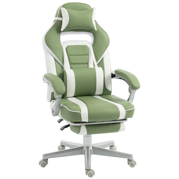 Cadeira Gamer Reclinável com Altura Ajustável Apoio para os Pés Retrátil Suporte Lombar e Almofada de Cabeça Amovível Verde