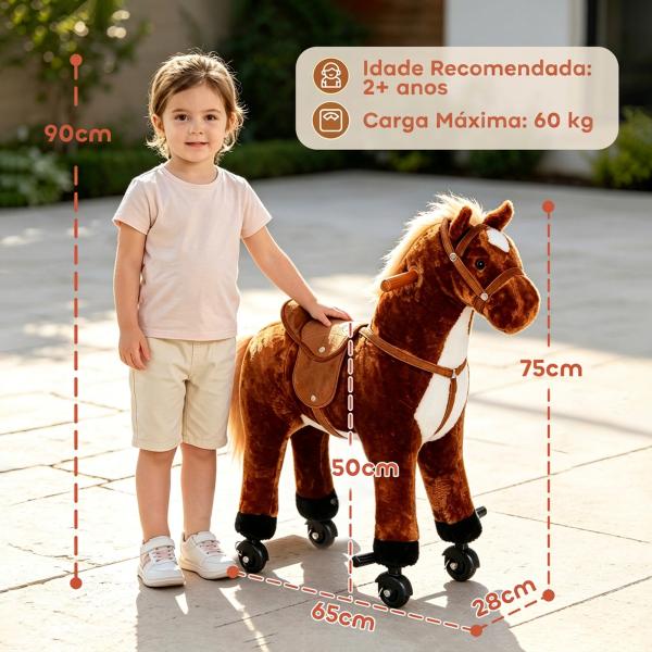 Cavalo de Brinquedo para Crianças de +3 Anos com Rodas Sons e Estrutura de Metal Carga 60kg 65x28x75 cm Castanho