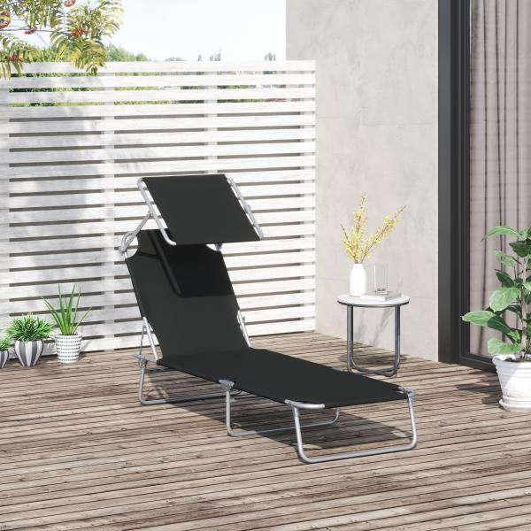 Espreguiçadeira de Jardim Dobrável com Toldo Removível e Ajustável em Ângulo e Encosto Ajustável em 4 Posições para Jardim Terraço Campismo Exterior 187x58x36cm Preto