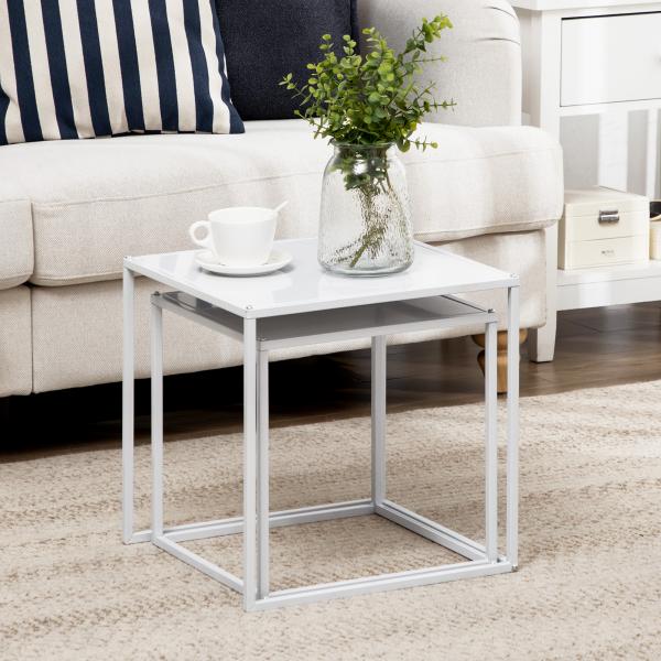 Conjunto de 2 Mesas Mesas de Centro Quadradas para Sala de Estar Estrutura de Aço Grande 40 cm Pequena 35 cm Branco