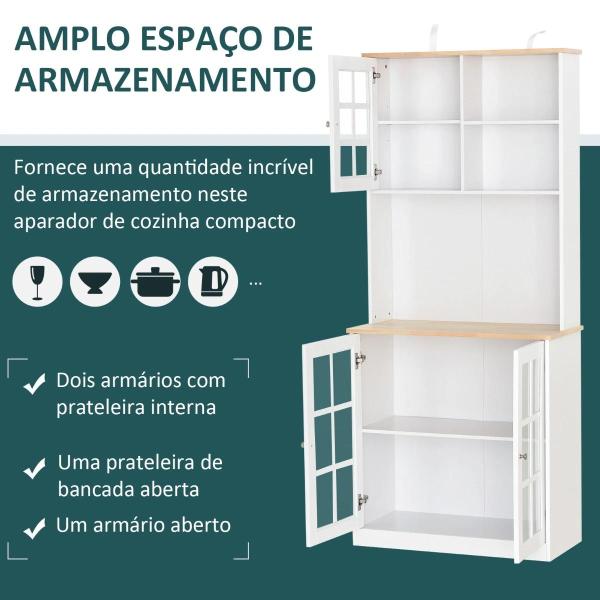 Armário de Cozinha com Prateleiras e Portas de Vidro para Pequenos Eletrodomésticos e Louças 80x37x183cm Branco
