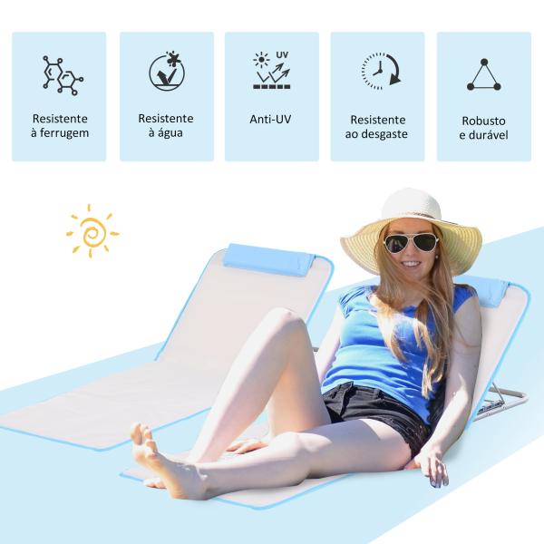 Conjunto de 2 Esteiras de Praia com Encosto Reclinável em 5 Níveis Bolsa de Transporte e Apoio de Cabeça 48x134x33 - 43 cm Branco Creme