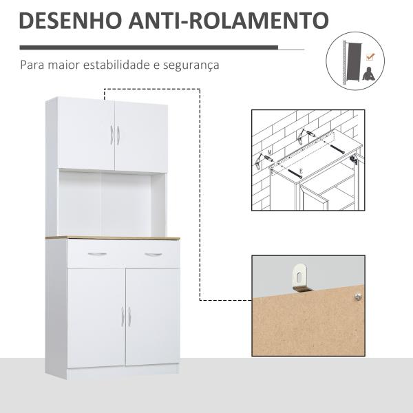 Armário de Cozinha com Gaveta 4 Portas e Prateleiras Interiores Ajustável em Altura Móvel Auxiliar de Armazenamento Moderno para Sala de Jantar Sala de Estar 80x40x180cm Branco