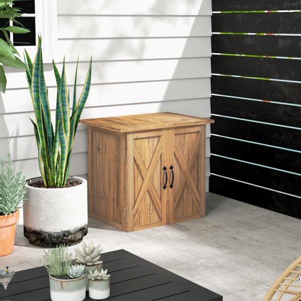 Armário de Jardim Abrigo de Madeira para Exterior com 2 Portas Magnéticas Abrigo para Ferramentas 77x55x72 cm Marrom