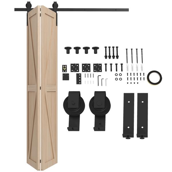 Kit de Ferragens para Porta de Correr Dobrável 122 cm para 2 Portas com Calha, Preto