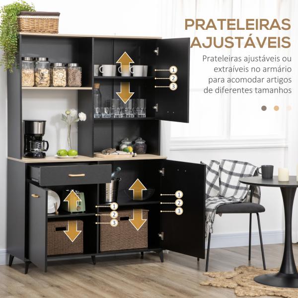 Armário de Cozinha com 1 Gaveta 3 Portas e Armazenamento Aberto Estilo Moderno 119x41x180cm Preto