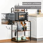 Estante de Cozinha Estante para Microondas com 4 Níveis Ganchos e Pés Ajustáveis Estante de Armazenamento 60x40x125 cm Marrom Rústico