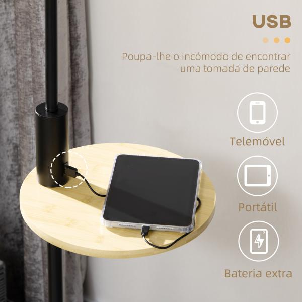 Candeeiro de Pé com Mesa Auxiliar Lâmpada E27 Máx. 40W Ecrã de Linho Interruptor de Corrente e Carregador USB Ø40x168cm Preto e Madeira