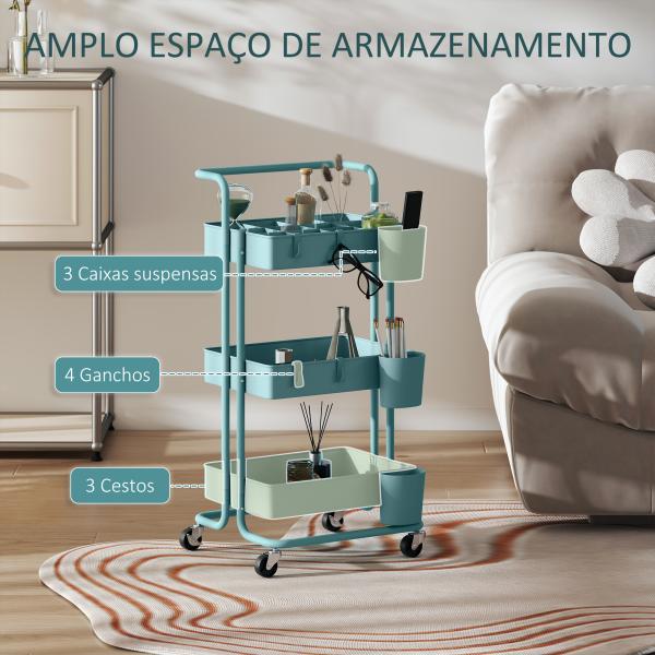 Carrinho de Cozinha Carrinho de Armazenamento com 4 Ganchos 3 Cestas Removíveis 3 Caixas Suspensas 42x38x86,5cm Preto