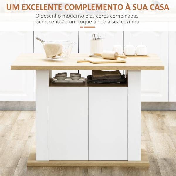 Ilha de Cozinha para 4 Pessoas com 4 Portas, Compartimentos Abertos e Prateleira Ajustável 110x70x75,5 cm Carvalho e Branco