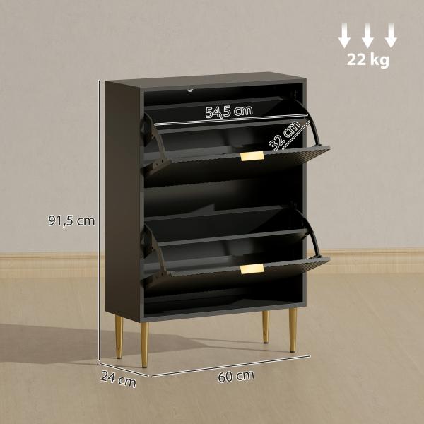 Sapateira Estreita com 2 Portas Caneladas e Prateleiras Ajustáveis para 12 Pares de Sapatos, 60x24x91,5 cm, Preto