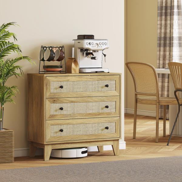 Cómoda com 3 Gavetas Cómoda de Madeira com Gavetas de Vime e Pés Elevados 80x35x76 cm Madeira