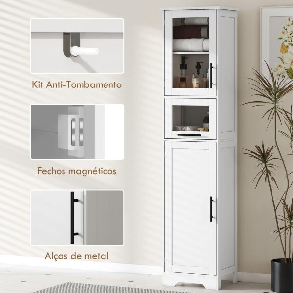 Coluna Casa de Banho com Porta de Vidro Prateleiras Ajustáveis Gaveta para Espaços Pequenos 40x31x170 cm Branco