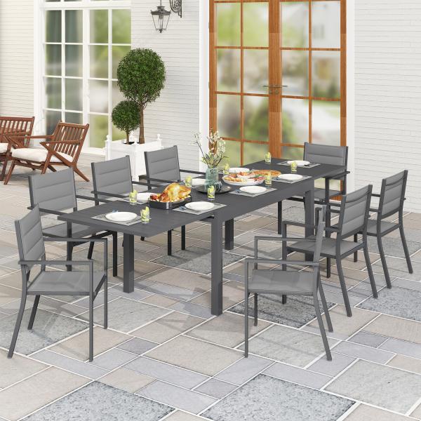 Conjunto de Jardim Refeição de 9 Peças com Mesa Extensível 8 Cadeiras Empilháveis 135 - 270x89x74cm Cinza