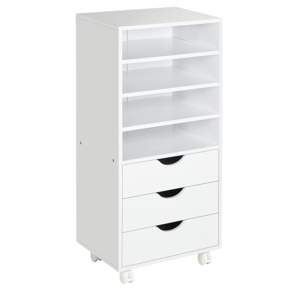Móveis de escritório com 3 gavetas 4 prateleiras abertas 4 rodas 40x30x83 cm Branco