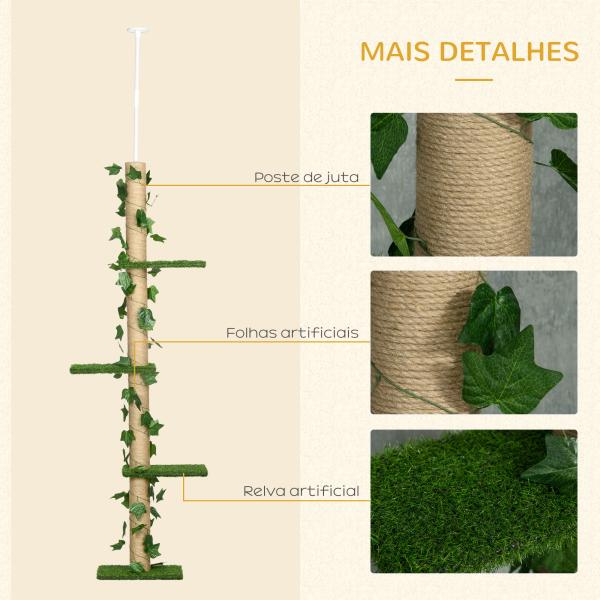 Árvore para Gatos do Chão ao Teto 37x21x202 - 242 cm com 4 Plataformas de Relva Artificial Folhas Artificiais e Poste de Juta Verde