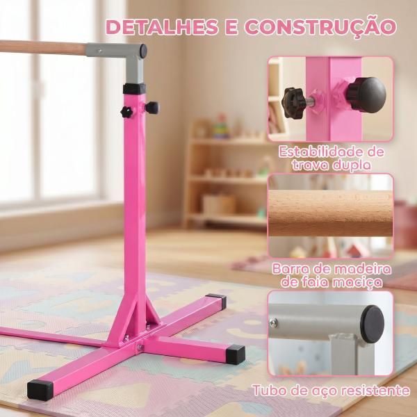 Barra de Ginástica para Crianças com Altura Ajustável 92 - 150 cm Barra Horizontal de Ginástica 197x121x150 cm Rosa