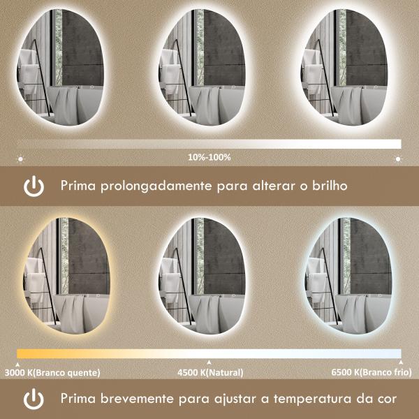 Espelho de Casa de Banho LED 3 Cores de Luz Brilho Regulável Função Anti - Embaciamento Função Memória IP44 70x50 cm Prata