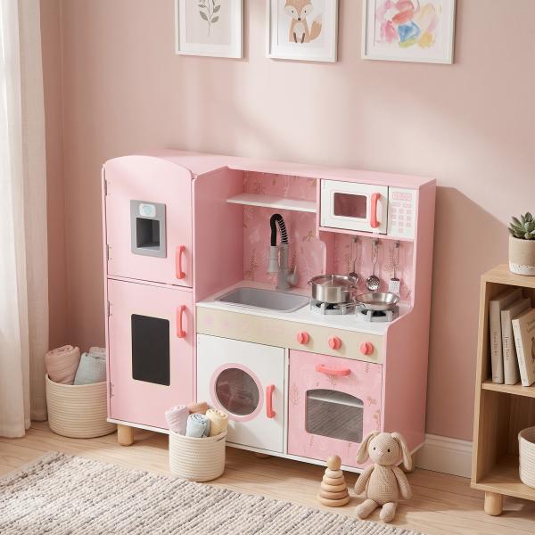 Cozinha de Madeira para Crianças com Sons Fogão Forno Micro - Ondas Máquina de Gelo e Acessórios 90x33,3x91,6 cm Rosa
