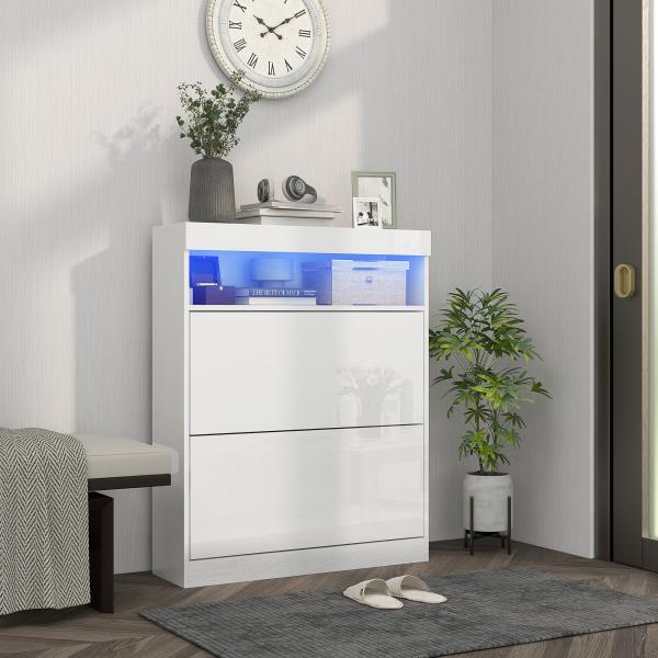 Móvel Sapateira de Entrada com Luzes LED Prateleira Aberta e 2 Gavetas Basculantes para 12 - 16 Pares 80x24x99,5 cm Branco Brilhante