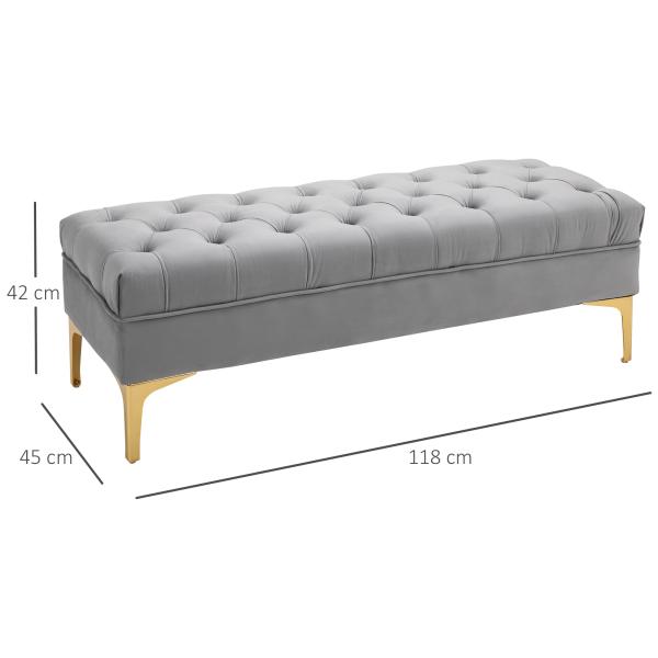 Banco de Pé de Cama com Assento Acolchoado e Pés Metálicos Banco para Entrada Corredor Capacidade 120 kg 118x45x42 cm Cinza