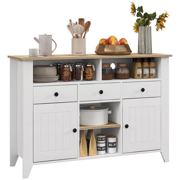 Aparador de Cozinha com 3 Gavetas 2 Armários 2 Prateleiras Abertas e 2 Prateleiras Ajustáveis Estilo Moderno 120x38x81,5 cm Branco