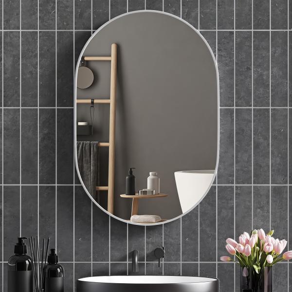 Espelho Casa de Banho 60x90 cm Espelho Decorativo de Parede com Estrutura de Alumínio Horizontal ou Vertical Prata