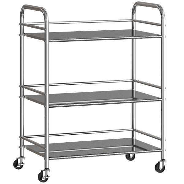 Carrinho Auxiliar com Rodas de Aço Inoxidável de 3 Níveis com Prateleira Ajustável 2 Rodas com Travão 60x35x77 cm Prateado