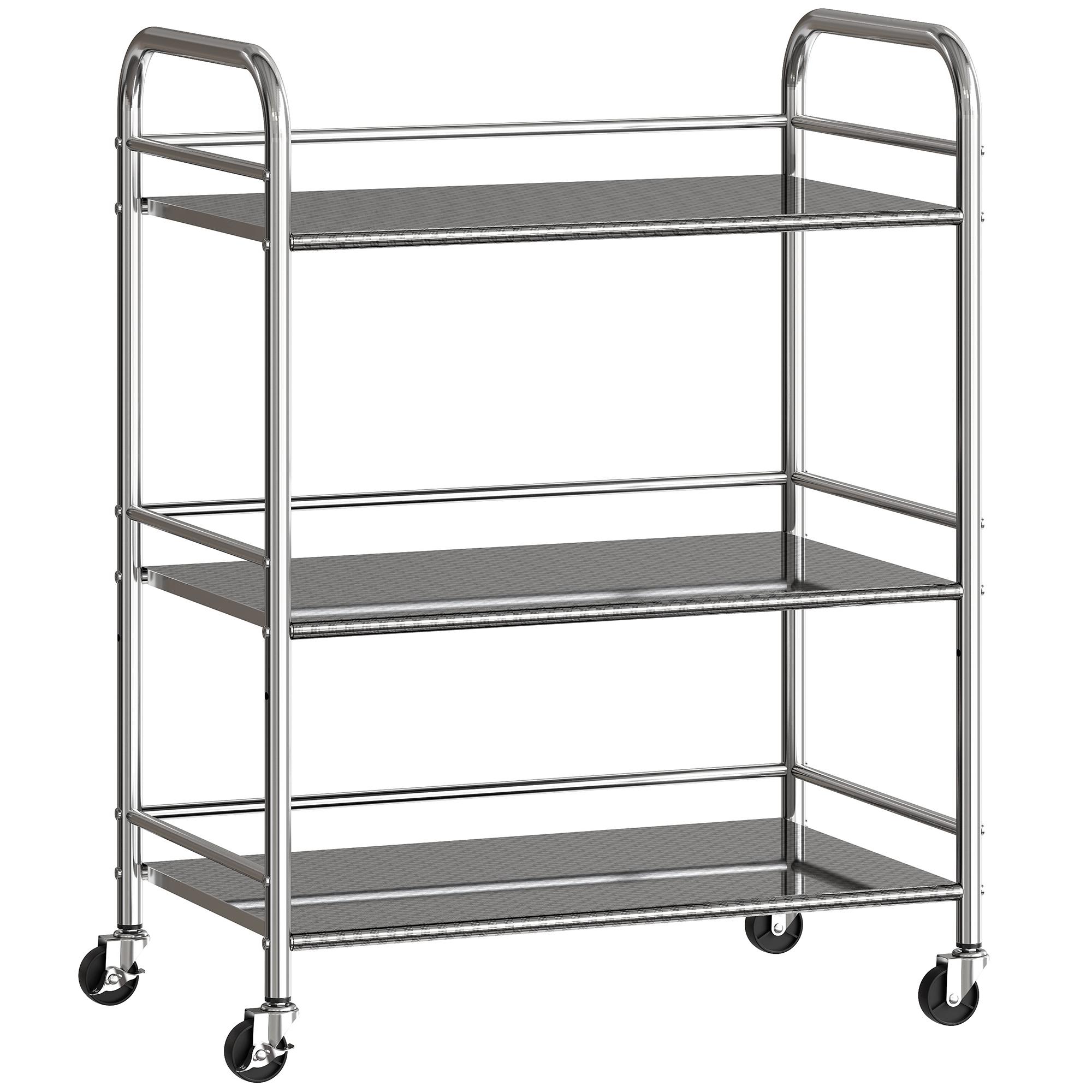 Carrinho Auxiliar com Rodas de Aço Inoxidável de 3 Níveis com Prateleira Ajustável 2 Rodas com Travão 60x35x77 cm Prateado