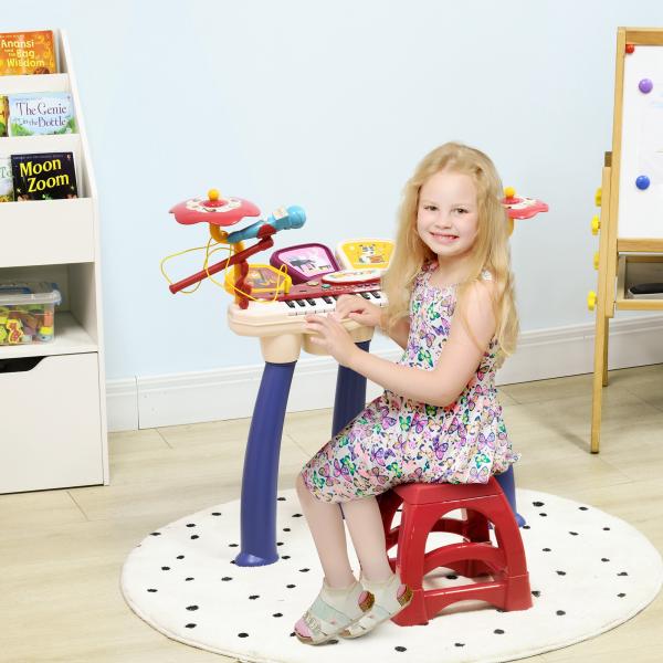 Piano Eletrónico para Crianças com 32 Teclas Microfone Banco Luzes 19 Músicas e Bateria 74x32,2x71 cm Multicor