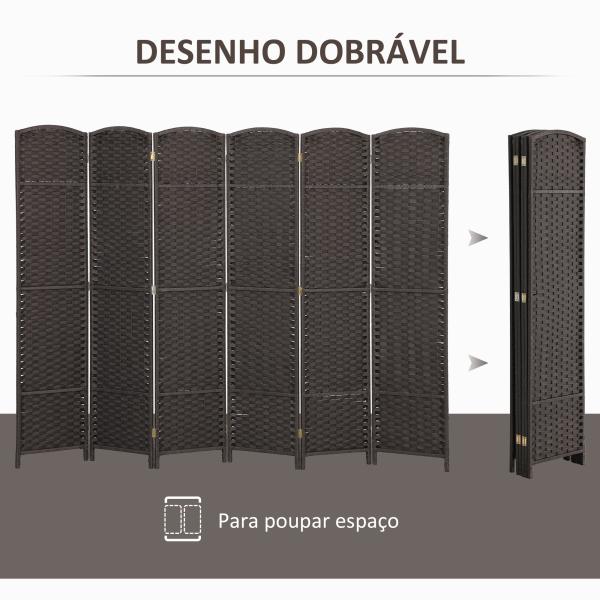 Biombo de 6 Painéis Separador de Ambientes Dobrável 240x1,6x170 cm para Sala de Estar Dormitório Escritório Marrom