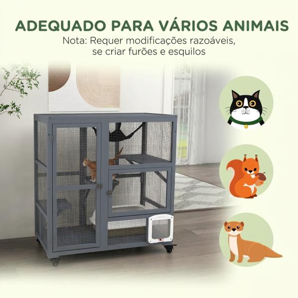 Gaiola Interior para Gatos em Madeira com Rodas, Portas, Plataformas de Salto, Rede e Topo Basculante, 110x100x60 cm, Cinzento