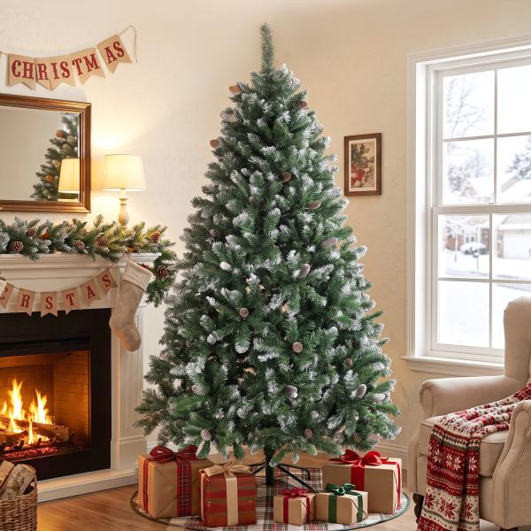 Árvore de Natal Artificial 180 cm Árvore de Natal com 910 Ramos com Efeito Neve 58 Pinhas Verde