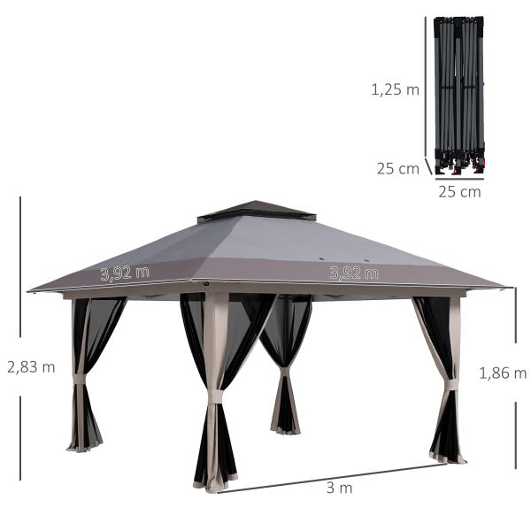 Tenda Dobrável Pop - up com Altura Ajustável Proteção UV50+ Telhado Duplo e Redes Mosquiteiras 4x4x2,8 m Cinzento Claro
