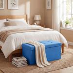Puff de Armazenamento Banco de Armazenamento Dobrável 84 L 76x38x38 cm Estofado em Linho Sintético Azul Claro