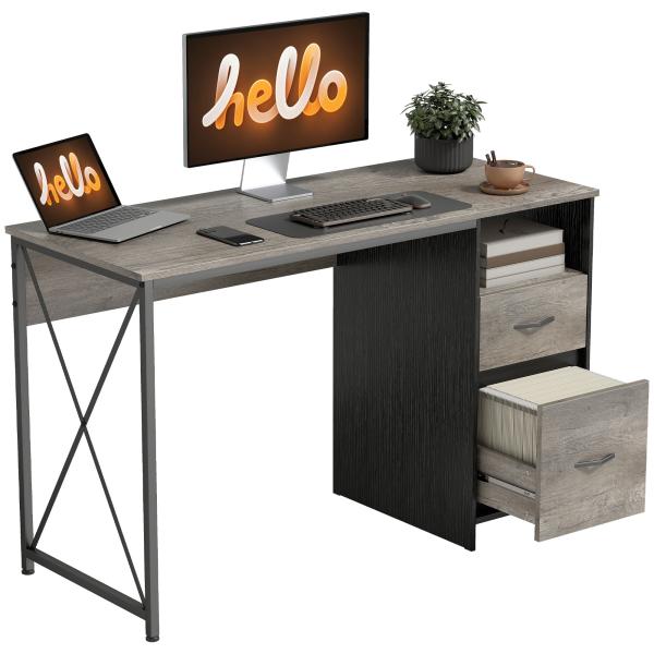 Mesa Gaming 120x50 cm Secretária Gaming Industrial com Compartimento e 2 Gavetas para Escritório Estúdio Cinzento Claro