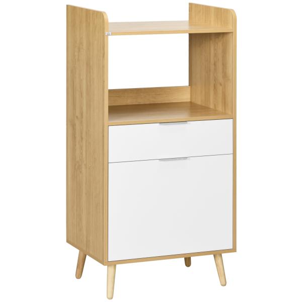 Armário para Micro - ondas em Estilo Escandinavo com Armário, Gaveta e Prateleira Ajustável, 58x40x118 cm, Natural e Branco