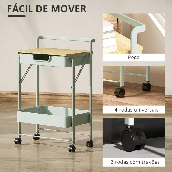 Carrinho Auxiliar com Rodas de 2 Níveis Carrinho de Cozinha com 1 Gaveta e 1 Cesto Carrinho Organizador 45x29,5x68 cm Verde Claro