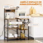 Estante de Cozinha com Ficha 2 Carregadores Prateleira Ajustável USB 5 Gancho em S e Cesta Amovível 90x42x130 cm Marrom Rústico